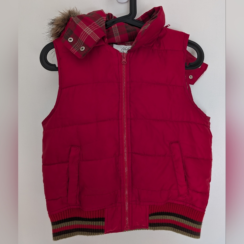 Red Puffer Vest with Plaid Hood